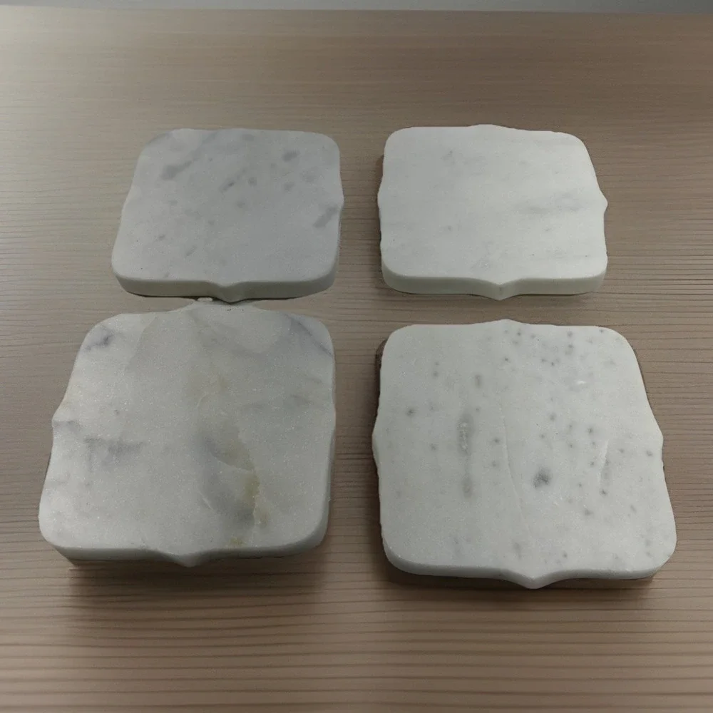 Vintage Set of 4 White Marble Coasters Scalloped Edges Square Drink Holder